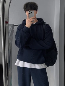 DAZY Spring/Autumn Ribbed Fabric Navy Blue Hooded Sweatshirt With Elastic Waist Straight Leg Sweatpants Men's Hooded Sweatshirt Set - Navy Blue - View 9