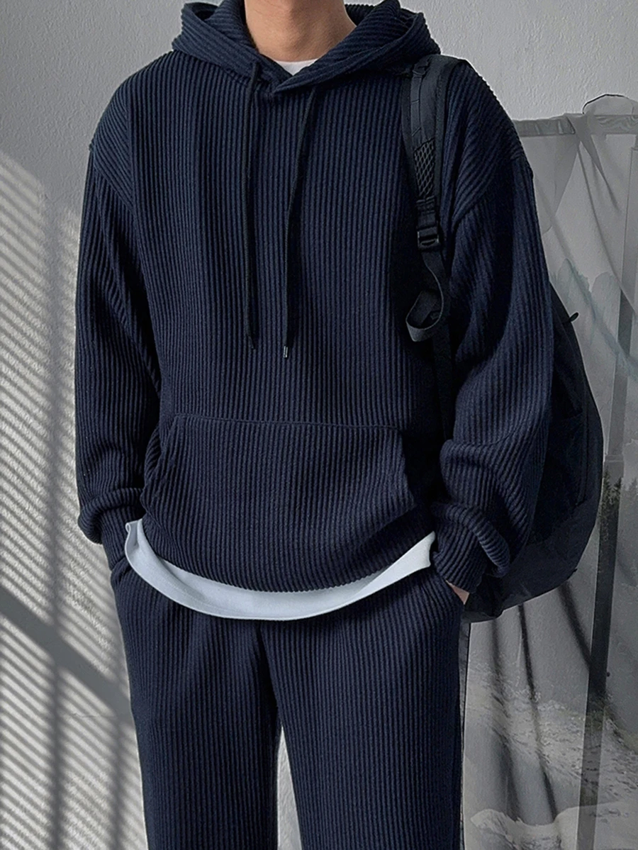 DAZY Spring/Autumn Ribbed Fabric Navy Blue Hooded Sweatshirt With Elastic Waist Straight Leg Sweatpants Men's Hooded Sweatshirt Set - Navy Blue - View 1