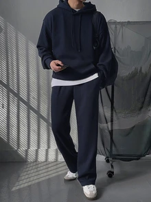 DAZY Spring/Autumn Ribbed Fabric Navy Blue Hooded Sweatshirt With Elastic Waist Straight Leg Sweatpants Men's Hooded Sweatshirt Set - Navy Blue - View 5