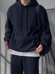DAZY Spring/Autumn Ribbed Fabric Navy Blue Hooded Sweatshirt With Elastic Waist Straight Leg Sweatpants Men's Hooded Sweatshirt Set - Navy Blue - View 4