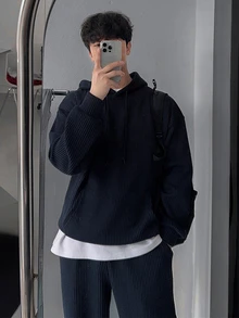 DAZY Spring/Autumn Ribbed Fabric Navy Blue Hooded Sweatshirt With Elastic Waist Straight Leg Sweatpants Men's Hooded Sweatshirt Set - Navy Blue - View 3
