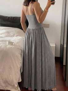 Dazy Plus Solid Color Spaghetti Strap Sleeveless Maxi Cinched Waist Dress, Nightgown - Grey - View 2