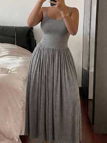 Dazy Plus Solid Color Spaghetti Strap Sleeveless Maxi Cinched Waist Dress, Nightgown - Grey - View 1