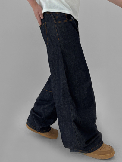 DAZY Spring/Autumn Navy Blue Curved Leg Knee Pleated Deconstructed Design Street Style Long Men's Jeans