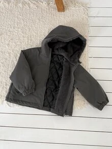 Hapijoa (Gadis Muda) Mantel Berkerudung Longgar Patchwork Fleece Tebal Lengan Panjang Musim Gugur/Dingin Berbantalan - Dark Grey - View 7