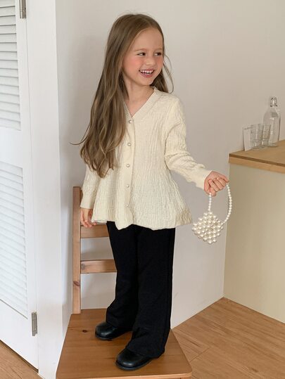 Hapijoa (Gadis Muda) Atasan Sweater A-Line Leher V dengan Pinggang Ramping, Kardigan Elegan Musim Gugur/Dingin