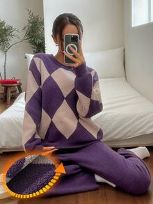 DAZY Women's Fashion Colorblock Long Sleeve Top And Pants Pajama Set - Purple - View 8