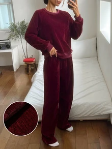 DAZY طقم ملابس نوم نسائي كاجوال يومي للمنزل بلون موحد، توب بأكمام طويلة وبنطال - عنابي اللون - مشاهدة 6