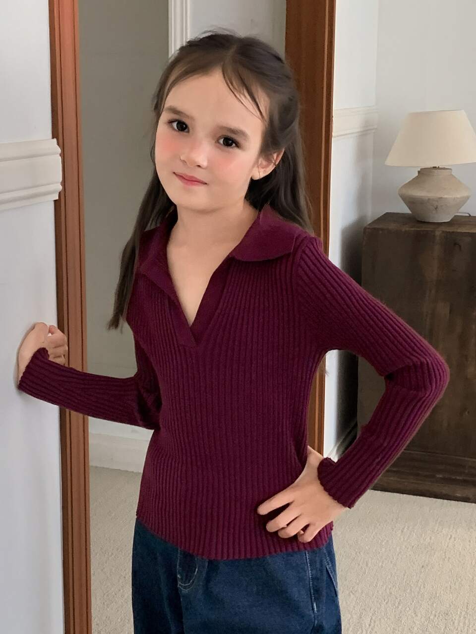Tween Girl) Fitted Knit Sweater, Basic Turn Collar Inner Layer, Slim Fit Knit Top