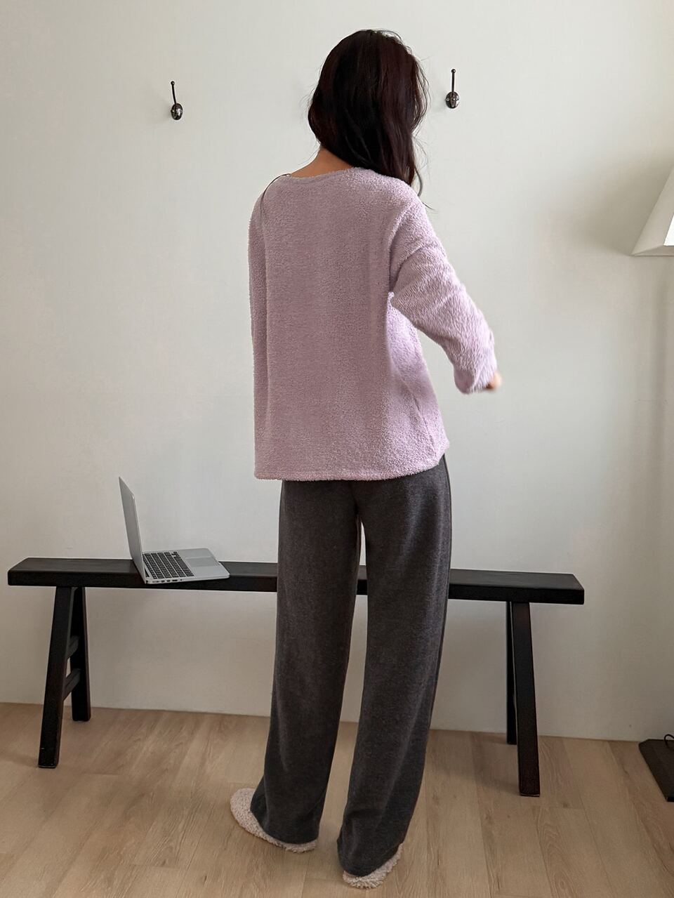 Women's Solid Color Round Neck Drop Shoulder Long Sleeve Top And Pants Loungewear Set