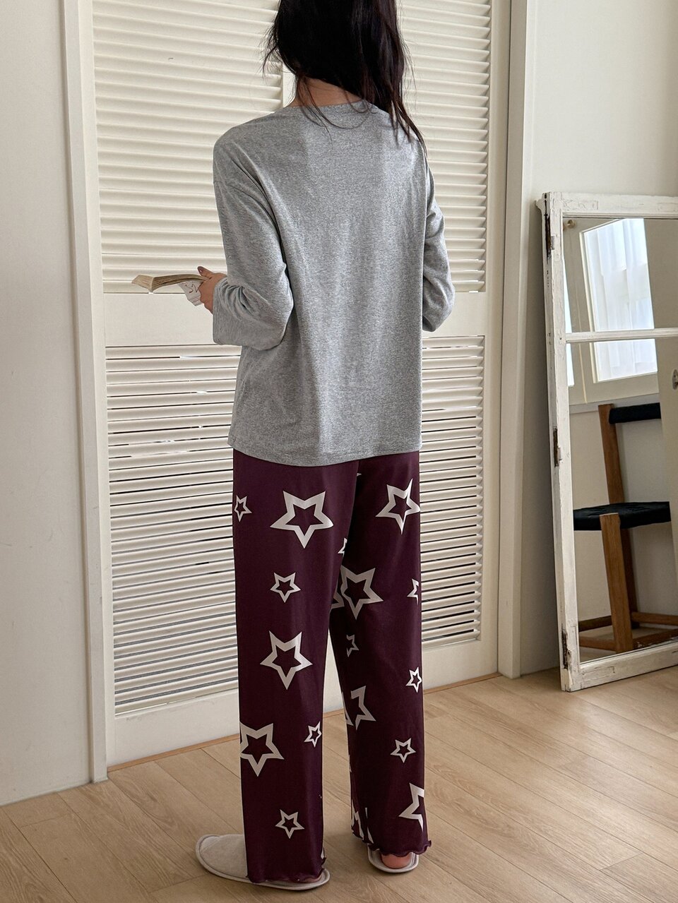 Solid Long Sleeve Top & Star Print Pants Pajama Set