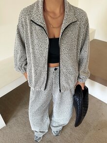 Dazy Plus Plus Size Casual Street Textured Colorblock Zip-Up Jacket & Button Long Pants Vacation Two Pieces Set - Light Grey - View 8