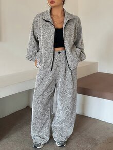 Dazy Plus Plus Size Casual Street Textured Colorblock Zip-Up Jacket & Button Long Pants Vacation Two Pieces Set - Light Grey - View 6