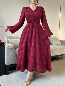 DAZY Gaun Panjang Wanita dengan Lengan Berkerut dan Pinggang Tinggi - Burgundy - View 1