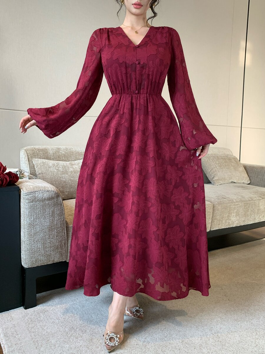 DAZY Gaun Panjang Wanita dengan Lengan Berkerut dan Pinggang Tinggi - Burgundy - View 1