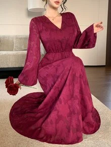 DAZY Gaun Panjang Wanita dengan Lengan Berkerut dan Pinggang Tinggi - Burgundy - View 4