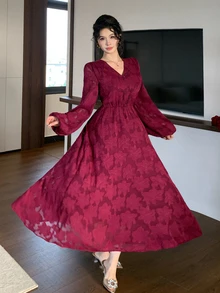DAZY Gaun Panjang Wanita dengan Lengan Berkerut dan Pinggang Tinggi - Burgundy - View 7