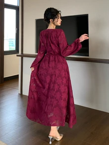 DAZY Gaun Panjang Wanita dengan Lengan Berkerut dan Pinggang Tinggi - Burgundy - View 2
