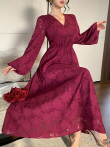 DAZY Gaun Panjang Wanita dengan Lengan Berkerut dan Pinggang Tinggi - Burgundy - View 6