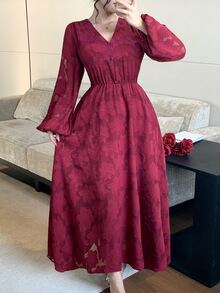 DAZY Gaun Panjang Wanita dengan Lengan Berkerut dan Pinggang Tinggi - Burgundy - View 8