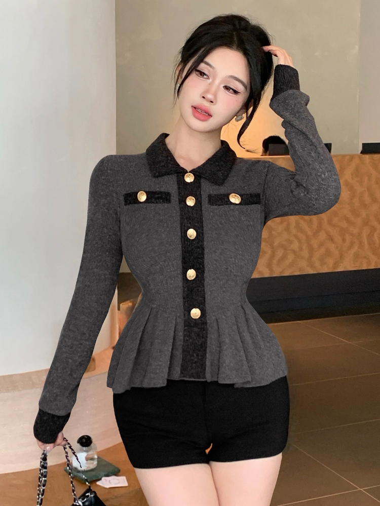 Joudiya Women's Fall/ Gray Knit Cardigan T-Shirt With Metal Button Decor, Black Contrast Color, Cinched Waist, Ruffle Hem, Slim Fit, Elegant French Long Sleeve Tops - Grey - View 5