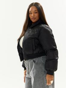MUSERA Plus Black Foldover Collar Ballon Fit Bomber Jacket Casual Cool Basic Fall Winter Autumn - Black - View 3
