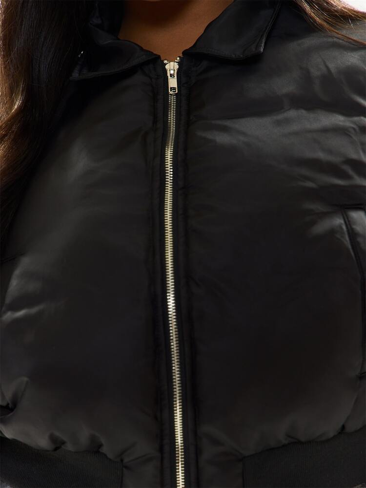 MUSERA Plus Black Foldover Collar Ballon Fit Bomber Jacket Casual Cool Basic Fall Winter Autumn - Black - View 6