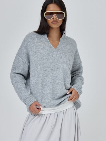 MUSERA Derin V Yaka Kontrast Fitilli Etek Uçlu Örme Oversize Bol Kesim Kazak, Sonbahar Kış Cool Girl Okula Dönüş Blancs