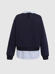 SHEIN 青少年女孩海軍藍條紋拼接領口蝴蝶結裝飾長袖秋季運動衫 - 藏蓝色 - 查看 3