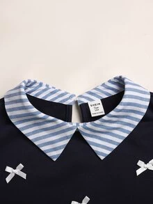 SHEIN 青少年女孩海軍藍條紋拼接領口蝴蝶結裝飾長袖秋季運動衫 - 藏蓝色 - 查看 4