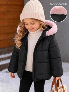 LMoss Kids معطف شتوي مبطن كاجوال للبنات الصغيرات، منسوج بلون موحد مع تصميم باتشوورك وحواف من الفرو الصناعي المتباين - الأسود - مشاهدة 5