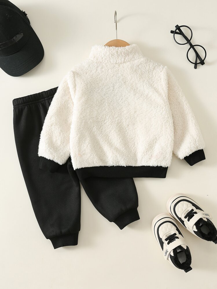 SHEIN Unisex Baby Boy/Girl Toddler 2pcs Autumn/Winter Thermal Lined Thickened Fashion Colorblock Plush Sweatshirt Set, Baby Boy Winter Outfit Set, Tracksuit, Streetwear - Black and White - View 2