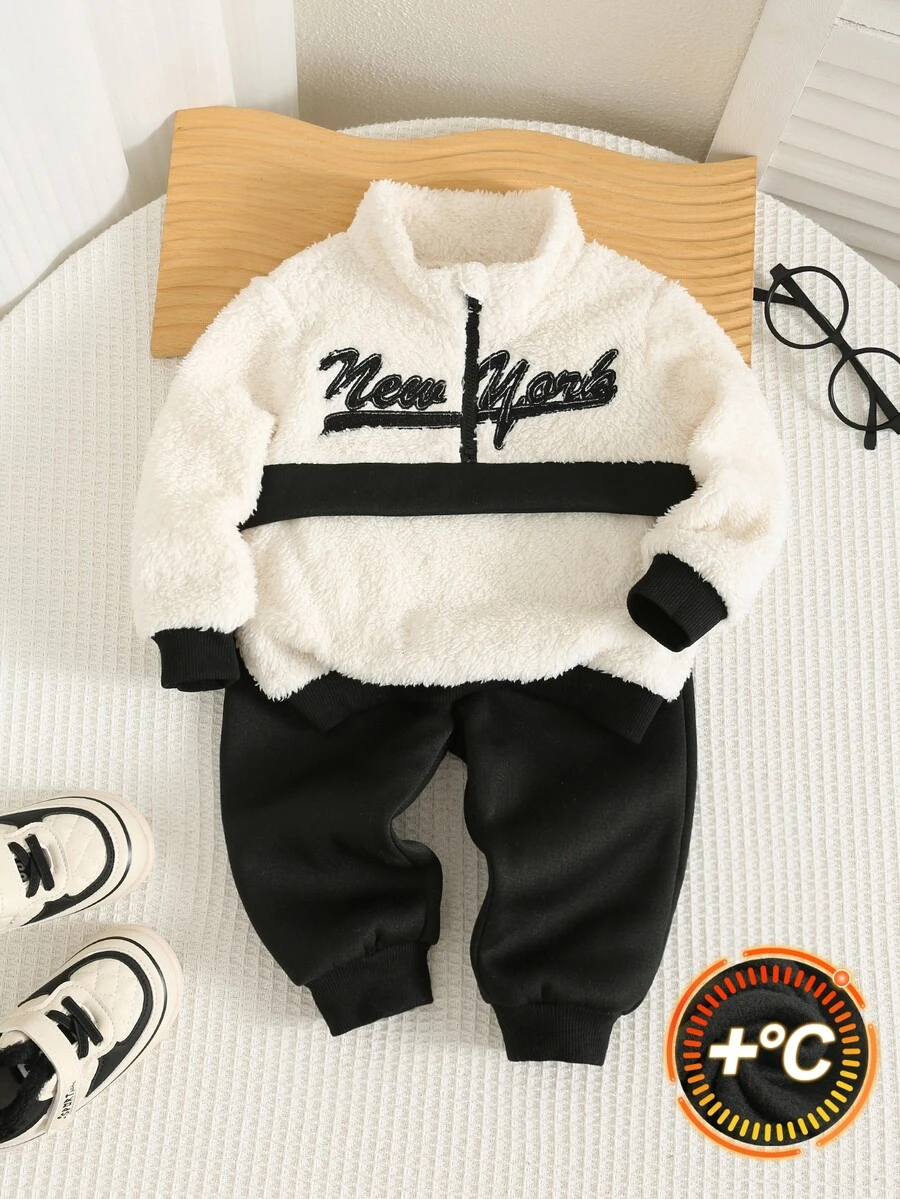 SHEIN 中性嬰兒男/女幼兒 2件組秋冬保暖內裡加厚時尚拼色毛絨運動衫套裝,男嬰冬季套裝,運動服,街頭風 - 黑與白 - 查看 1