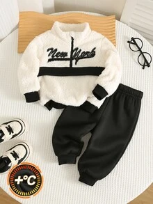 SHEIN 中性嬰兒男/女幼兒 2件組秋冬保暖內裡加厚時尚拼色毛絨運動衫套裝，男嬰冬季套裝，運動服，街頭風 - 黑與白 - 查看 6