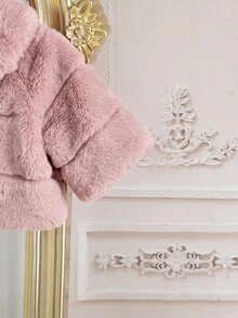 SHEIN Baby Girl Bow Front Peter Pan Collar Teddy Winter Coat - Pink - View 7