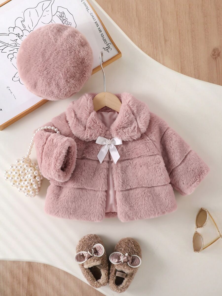 SHEIN Baby Girl Bow Front Peter Pan Collar Teddy Winter Coat - Pink - View 1