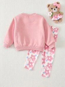 SHEIN Babygirl Cute Casual Knit Cartoon Pattern Sweatshirt And Elastic Waist Long Pants Set - Pink - View 2