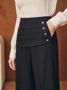 Anewsta Celana Panjang Hitam Wanita Elegan Model Lurus, Pinggang Tinggi, Berlipit, Kancing Samping, Cocok untuk Perjalanan, Sehari-hari, dan Kencan, Cocok untuk Musim Semi/Gugur - Hitam - View 2