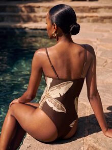 CAJUNI Chic Vacation Embroidery Golden Palm Tree Fancy Brown One-Piece Bathing Suit Bikini - Brown - View 1