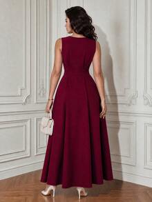 Formidée Plus Size Women's New Sleeveless V-Neck Knitted Cardigan Dress With Metal Ring Decor, Elegant Fitted Long Dress, Versatile - Burgundy - View 2
