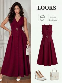 Formidée Plus Size Women's New Sleeveless V-Neck Knitted Cardigan Dress With Metal Ring Decor, Elegant Fitted Long Dress, Versatile - Burgundy - View 3