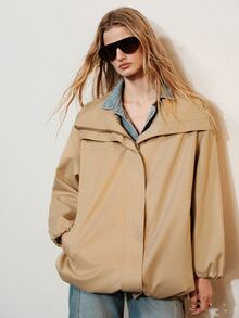 Aveloria Modichic Camel Stand Collar Drawstring Short Trench Coat, Loose Silhouette Drop Shoulder Slouchy Mid-Length Utility Jacket Road Trip Travel Autumn Casual - Khaki - View 7