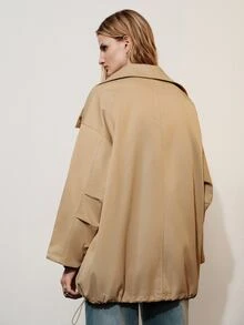 Aveloria Modichic Camel Stand Collar Drawstring Short Trench Coat, Loose Silhouette Drop Shoulder Slouchy Mid-Length Utility Jacket Road Trip Travel Autumn Casual - Khaki - View 2