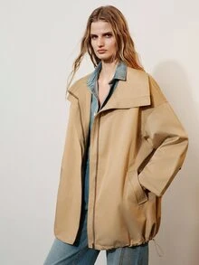 Aveloria Modichic Camel Stand Collar Drawstring Short Trench Coat, Loose Silhouette Drop Shoulder Slouchy Mid-Length Utility Jacket Road Trip Travel Autumn Casual - Khaki - View 5
