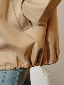 Aveloria Modichic Camel Stand Collar Drawstring Short Trench Coat, Loose Silhouette Drop Shoulder Slouchy Mid-Length Utility Jacket Road Trip Travel Autumn Casual - Khaki - View 4
