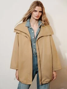 Aveloria Modichic Camel Stand Collar Drawstring Short Trench Coat, Loose Silhouette Drop Shoulder Slouchy Mid-Length Utility Jacket Road Trip Travel Autumn Casual - Khaki - View 3