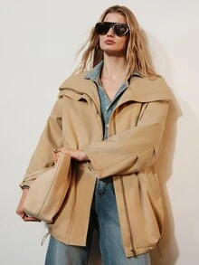 Aveloria Modichic Camel Stand Collar Drawstring Short Trench Coat, Loose Silhouette Drop Shoulder Slouchy Mid-Length Utility Jacket Road Trip Travel Autumn Casual - Khaki - View 1