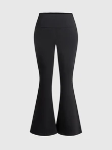 ROMWE Goth Women's Long Pants With Wing Detail, Cotton Blend, Folded Waist, Minimalist Versatile Personalized Hot Girl Style - Black - View 2