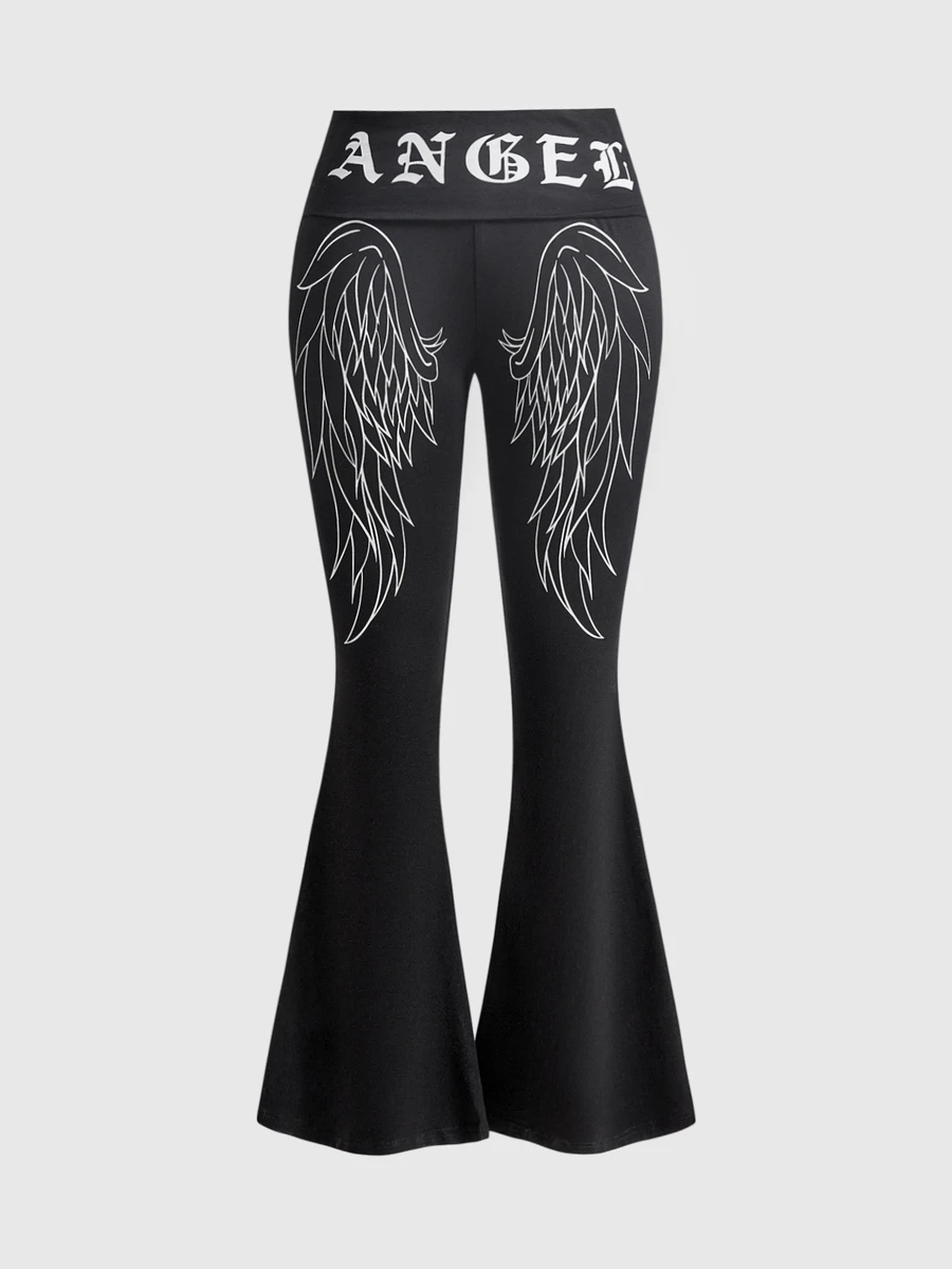 ROMWE Goth Women's Long Pants With Wing Detail, Cotton Blend, Folded Waist, Minimalist Versatile Personalized Hot Girl Style - Black - View 1