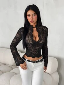 SHEIN PETITE 女款春夏度假風純色針織蕾絲長袖上衣 - 黑色 - 查看 3